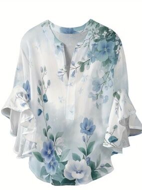 Boho Chic White w/ Blue Floral Print Ruffle-Sleeve Blouse Top Tunic Large